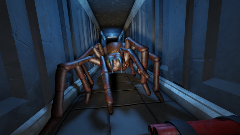 First-person view of the player carrying red dynamite down a dark corridor as the giant spider approaches in HUNTRESS.