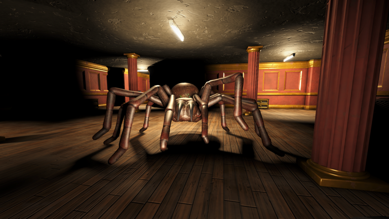 The giant spider standing in a grand hall with wooden floors, red paneled walls and columns in HUNTRESS.