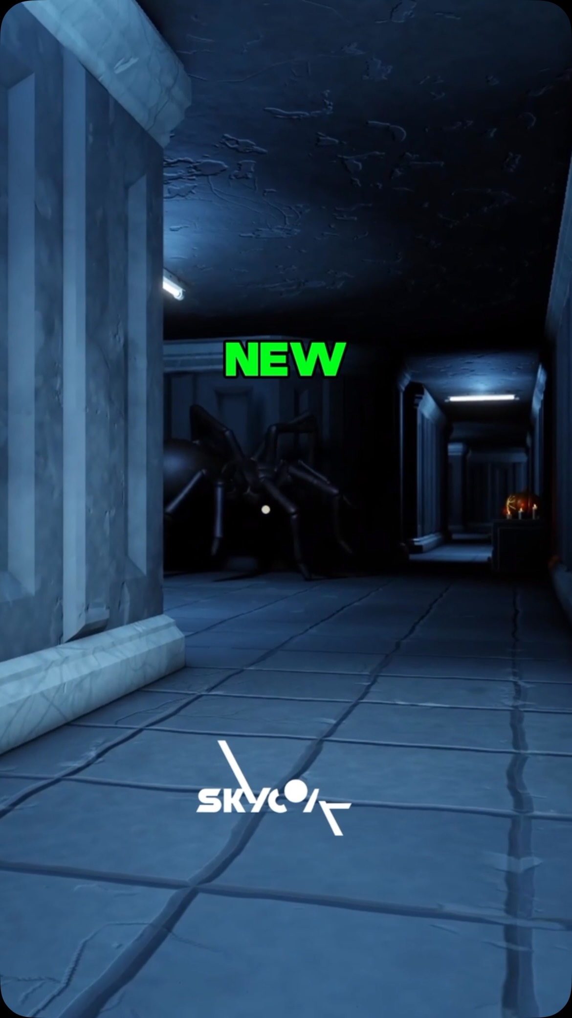 First-person view down a dark corridor in HUNTRESS with the giant spider standing in it