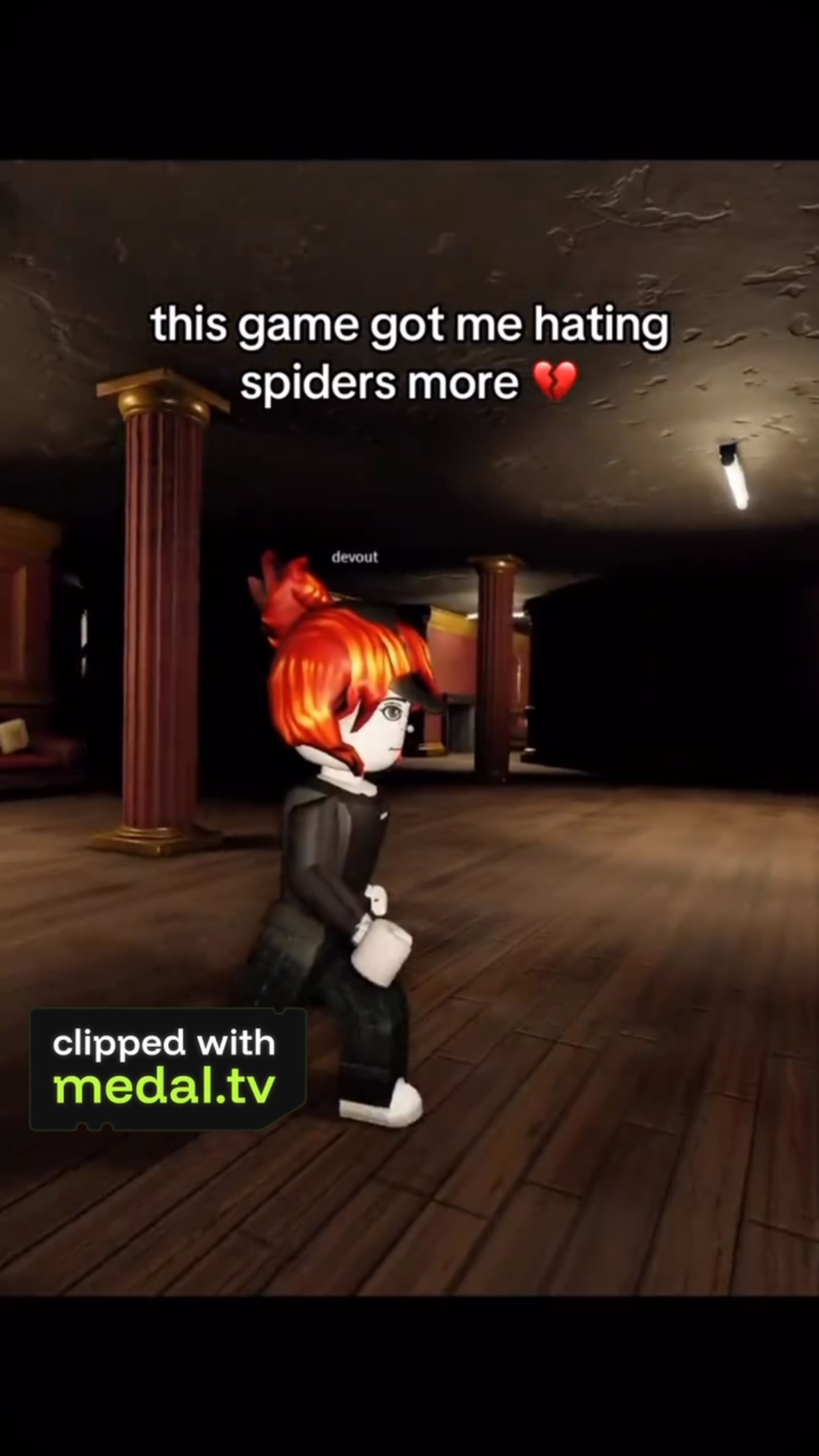 A player character in a dim, columned hall of the HUNTRESS building lit by a single overhead lamp